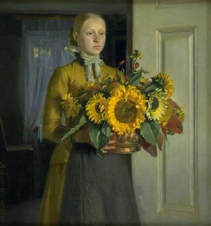 Michael Ancher A Girl with Sunflowers oil painting picture